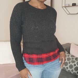 Madewell Black Crewneck Sweater with Red Plaid Hem